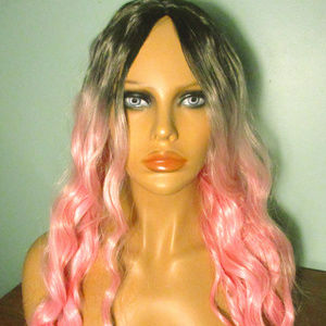 18" pink and black OMBRE long wavy cosplay WIG